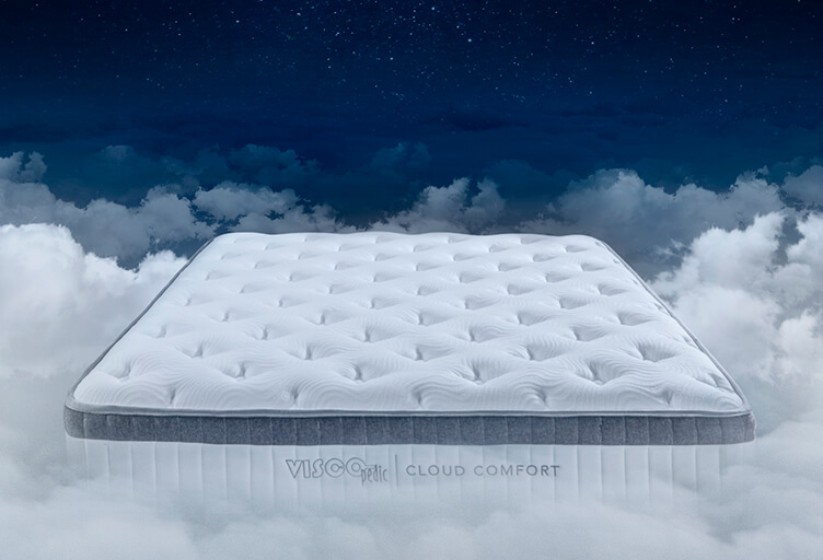 Image of mattress floating on white clouds against blue sky 